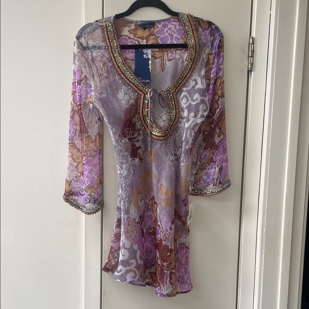 Embellished Beaded V-Neck Floral Sheer Tunic - Purple & Brown